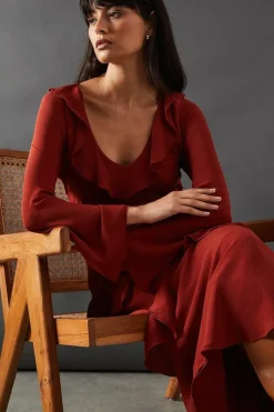 Chiffon Ruffle Seam V Neck Midi Dress