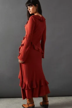 Chiffon Ruffle Seam V Neck Midi Dress