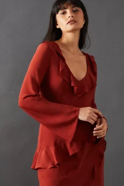 Chiffon Ruffle Seam V Neck Midi Dress