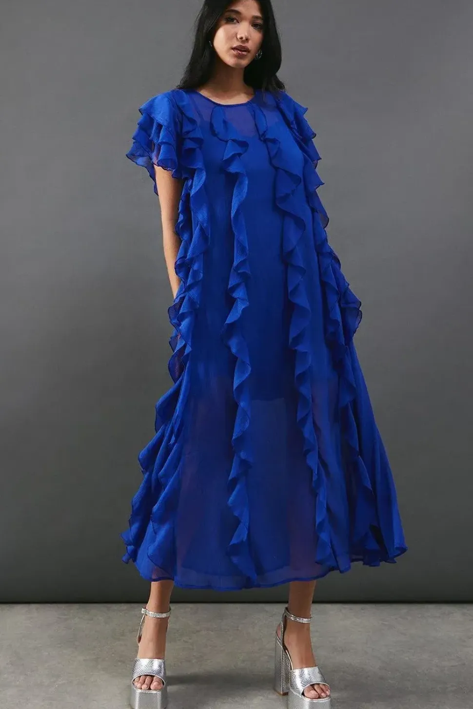 Chiffon Ruffle Tendril Sleeveless Midaxi Dress