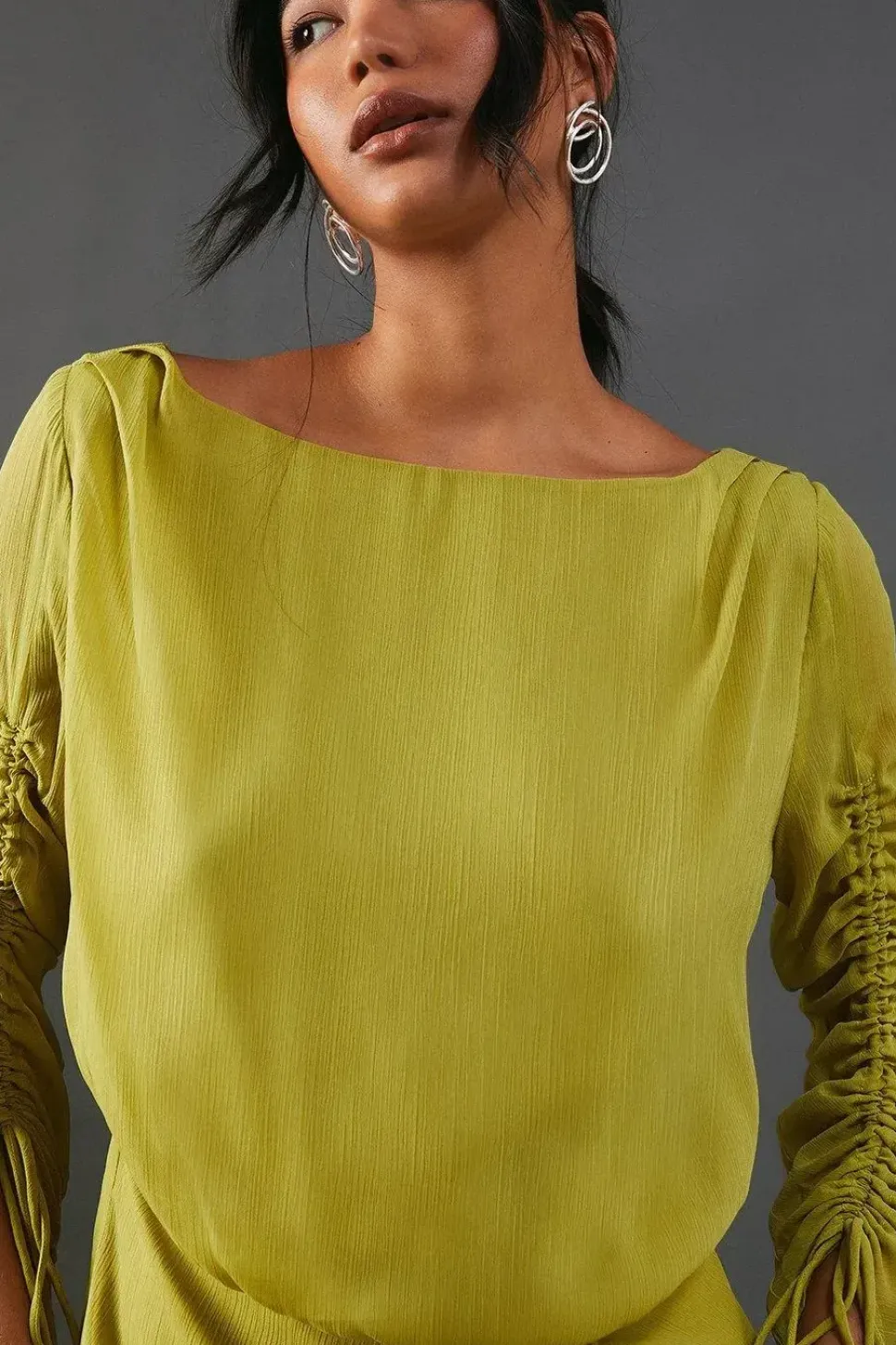 Chiffon Slash Neck Drawstring Detail Midi Dress