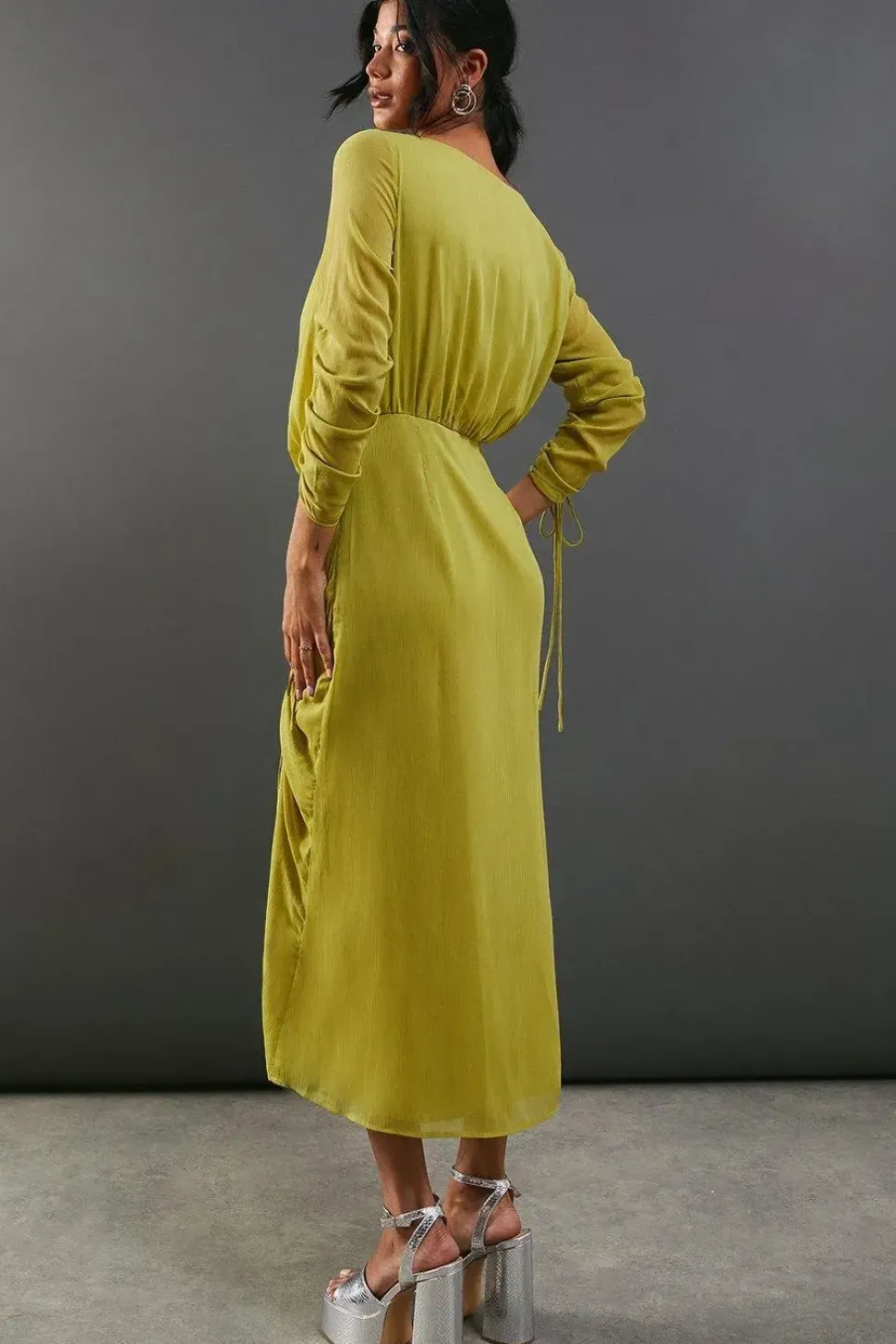 Chiffon Slash Neck Drawstring Detail Midi Dress