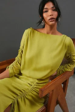 Chiffon Slash Neck Drawstring Detail Midi Dress