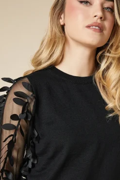 Chiffon Sleeve Leaf Detail High Neck Jumper