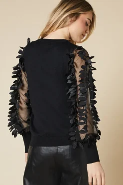 Chiffon Sleeve Leaf Detail High Neck Jumper