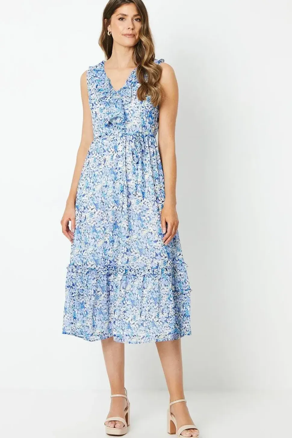 Chiffon Sleeveless Ruffle Waisted Midi Dress