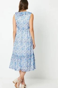 Chiffon Sleeveless Ruffle Waisted Midi Dress