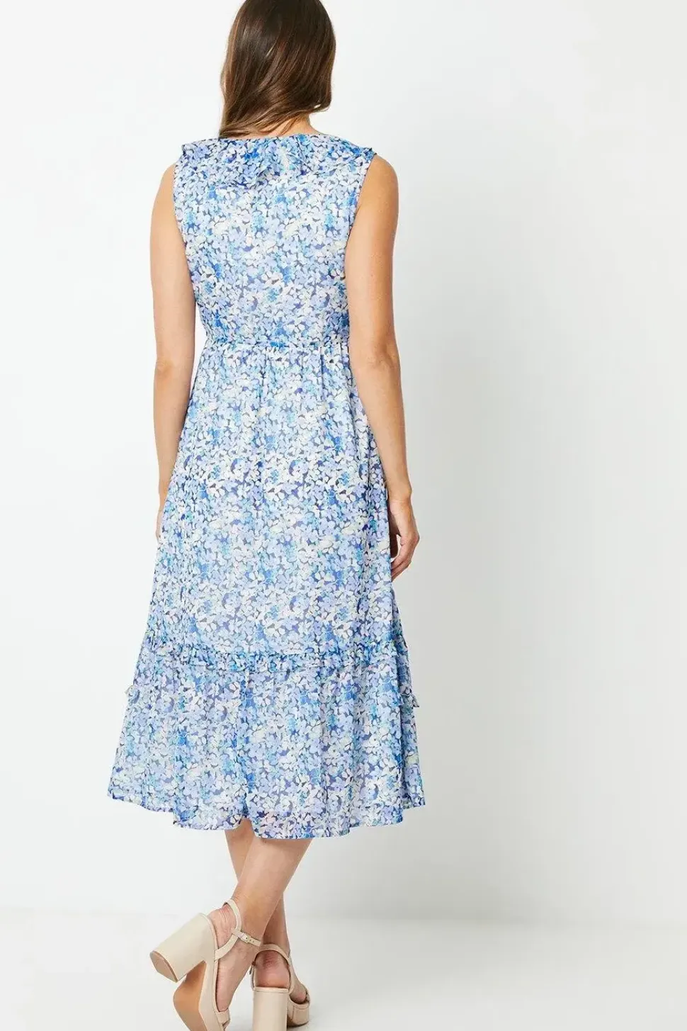 Chiffon Sleeveless Ruffle Waisted Midi Dress
