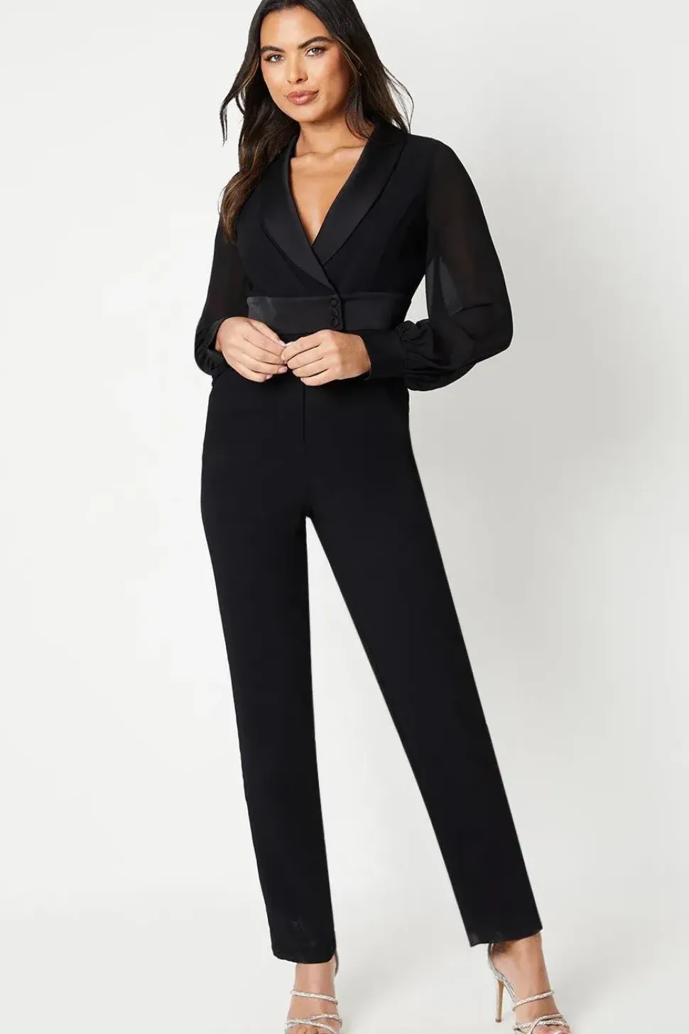 Chiffon Sleeve Wrap Front Tuxedo Jumpsuit