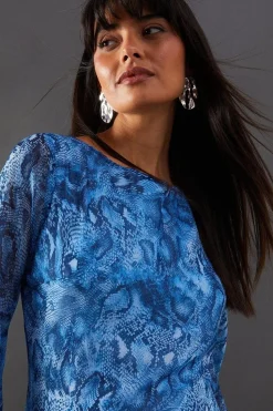 Chiffon Snake Print Asymmetric Hem Flute Sleeve Midi Dress