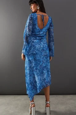 Chiffon Snake Print Asymmetric Hem Flute Sleeve Midi Dress