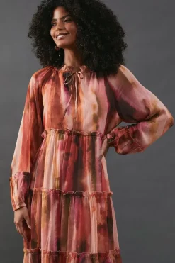 Chiffon Sunset Print Tie Neck Tier Midi Smock Dress