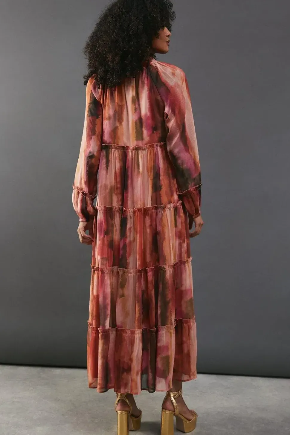 Chiffon Sunset Print Tie Neck Tier Midi Smock Dress