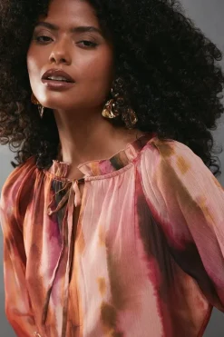 Chiffon Sunset Print Tie Neck Tier Midi Smock Dress