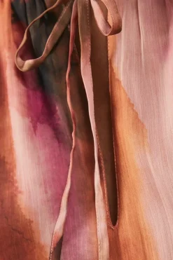 Chiffon Sunset Print Tie Neck Tier Midi Smock Dress