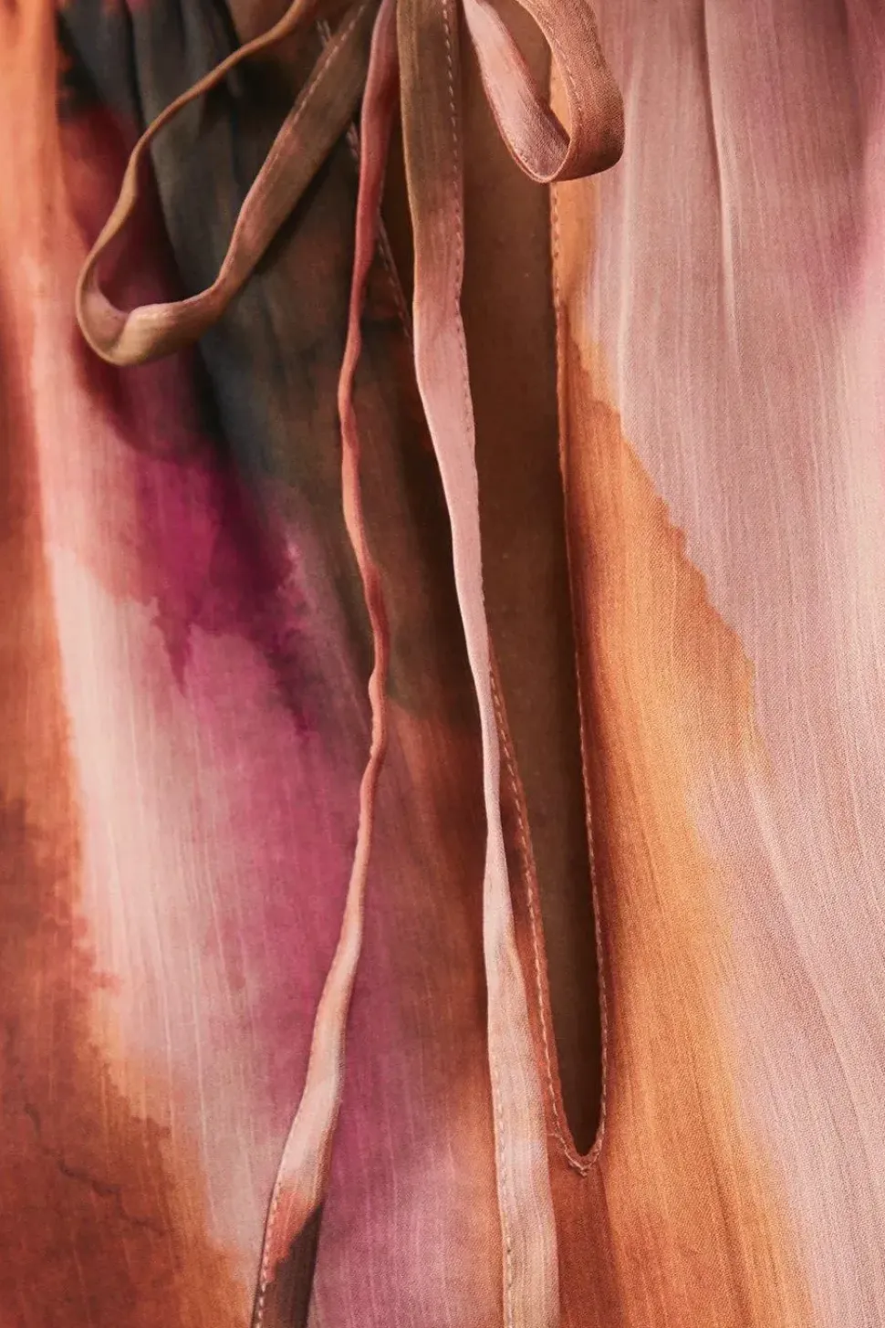 Chiffon Sunset Print Tie Neck Tier Midi Smock Dress