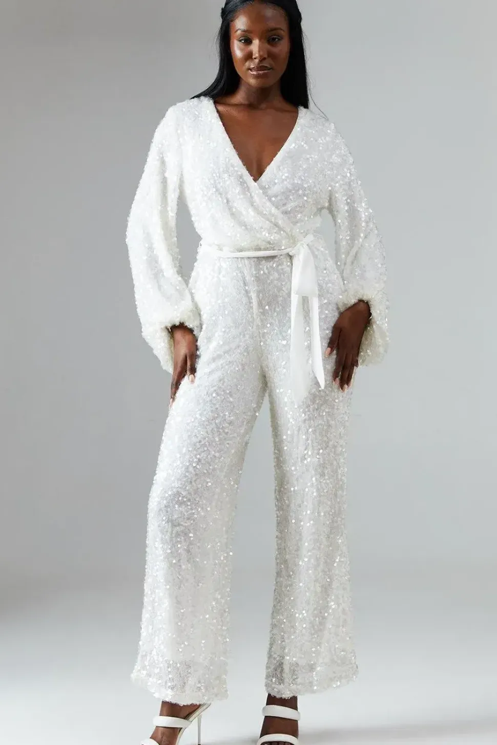 Chiffon Tie Balloon Sleeve Sequin Bridal Jumpsuit