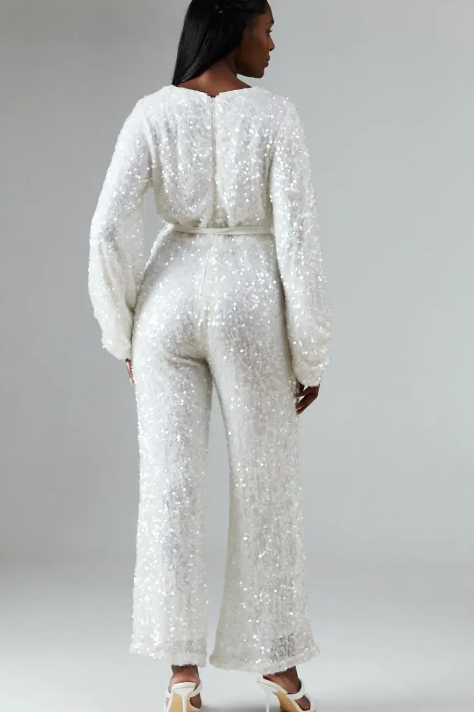 Chiffon Tie Balloon Sleeve Sequin Bridal Jumpsuit