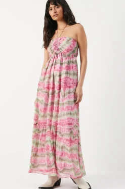 Chiffon Tie Dye Halter Ruched Bust Trim Midaxi Dress