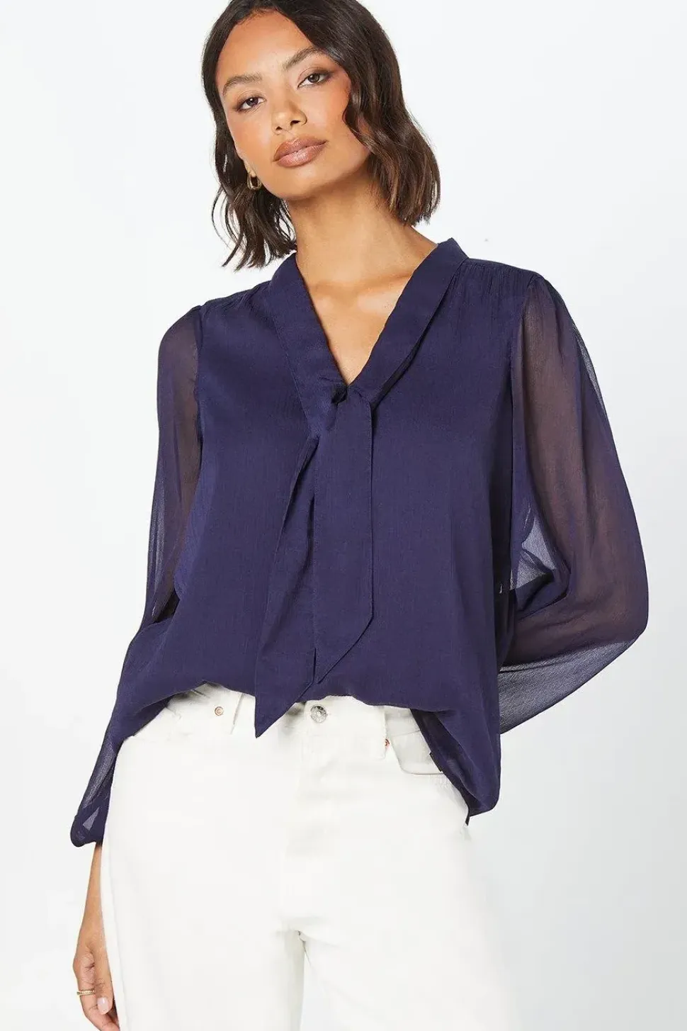 Chiffon Tie Front Long Sleeve Blouse
