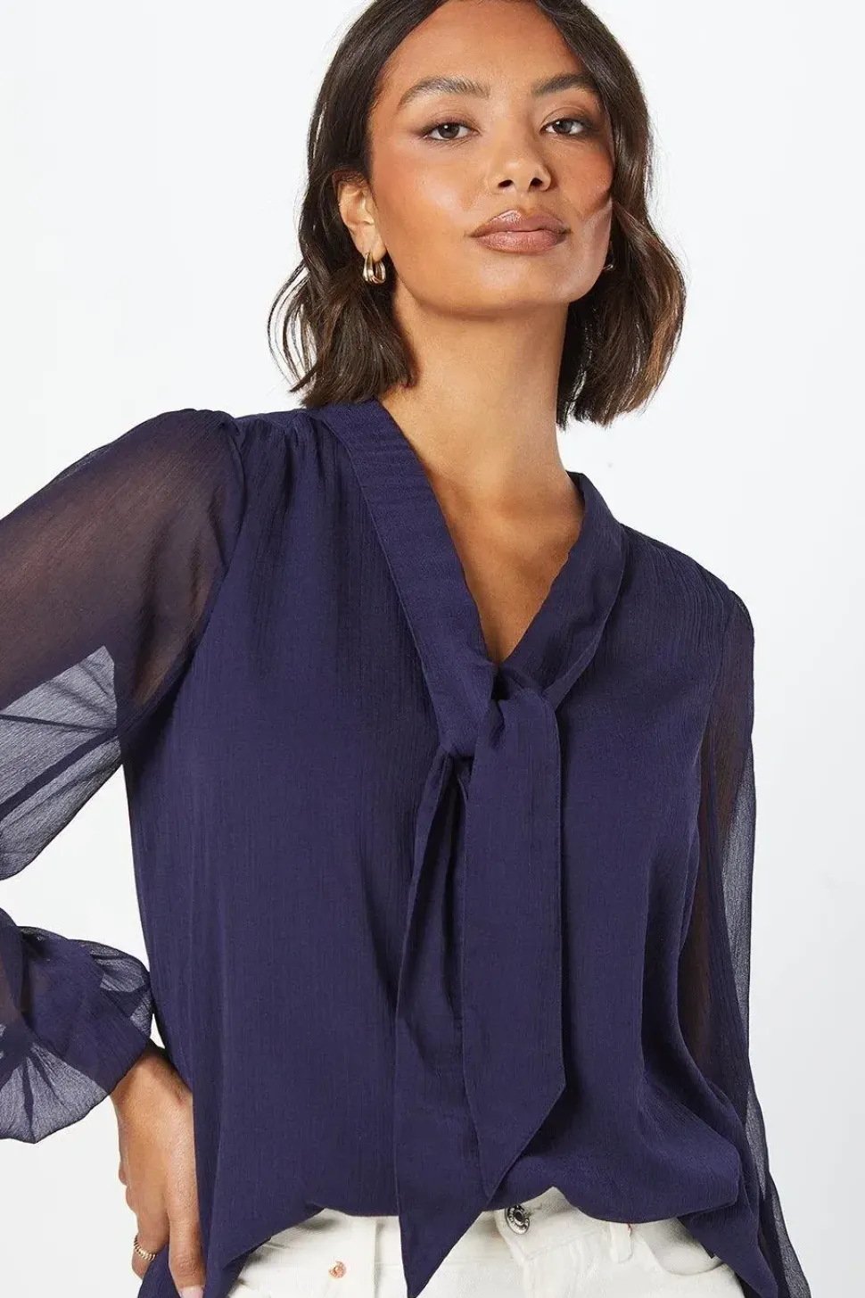 Chiffon Tie Front Long Sleeve Blouse