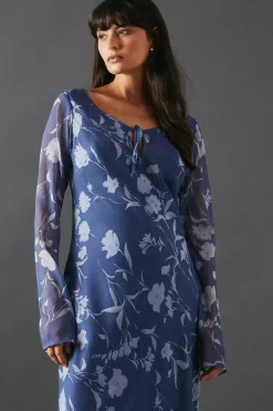 Chiffon Tie Keyhole Front Bias Midi Dress