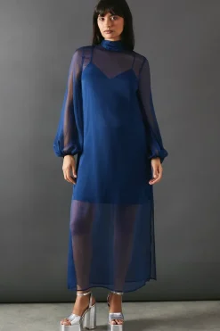 Chiffon Tie Neck Balloon Sleeve Column Midi Dress