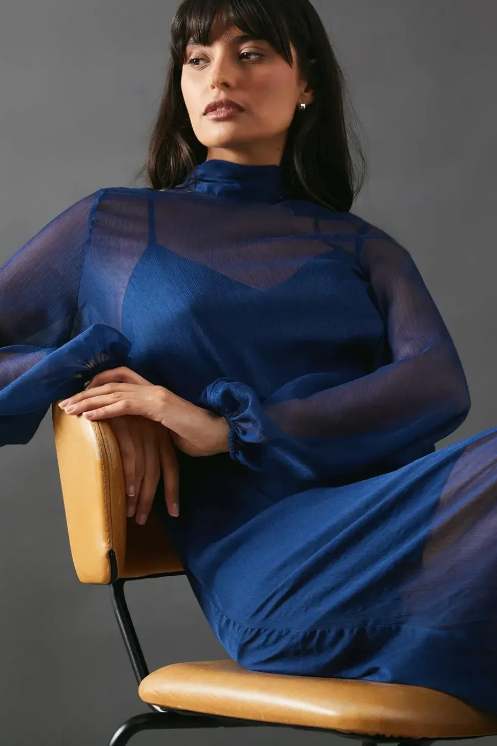 Chiffon Tie Neck Balloon Sleeve Column Midi Dress