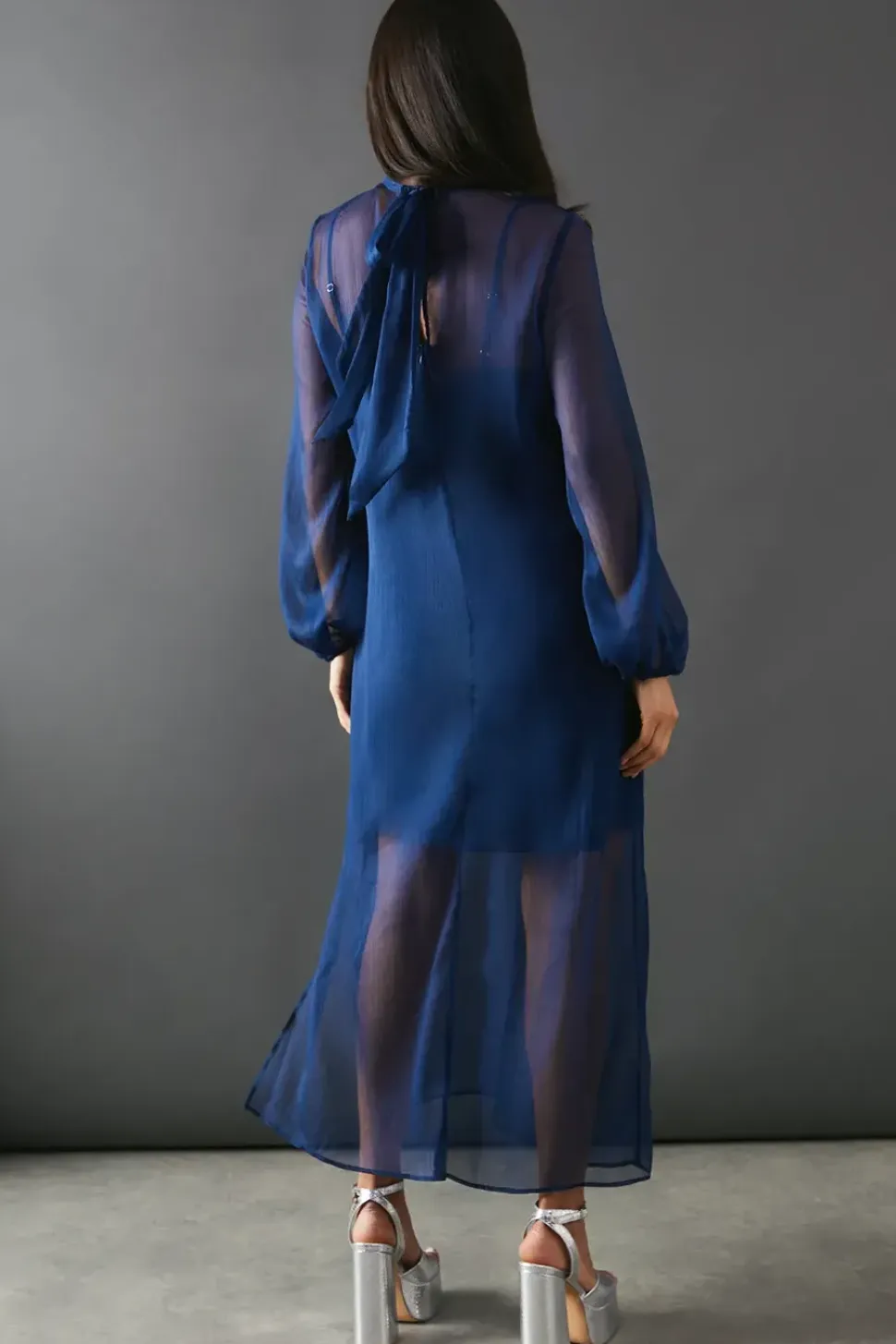 Chiffon Tie Neck Balloon Sleeve Column Midi Dress