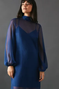 Chiffon Tie Neck Balloon Sleeve Column Midi Dress