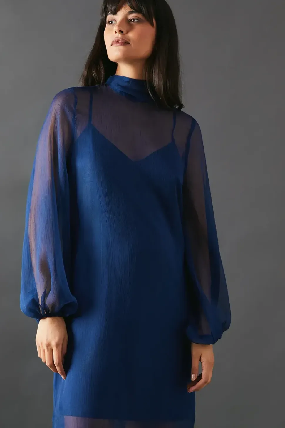 Chiffon Tie Neck Balloon Sleeve Column Midi Dress