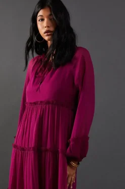 Chiffon Tie Neck Tier Midi Smock Dress