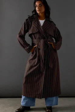 Chocolate Pinstripe Belted Trench Coat