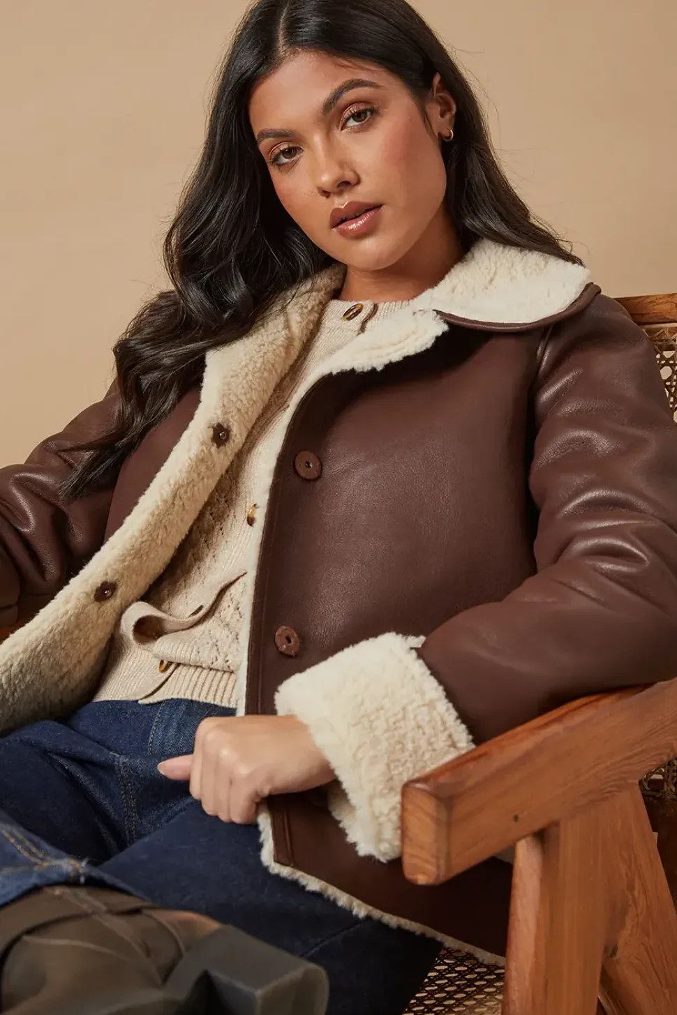 Chocolate Shearling Lined Short Aviator Jacket