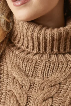 Chunky Cable Knit Roll Neck High Low Hem Jumper