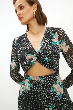 Clipped Printed Twist Cutout Column Dress