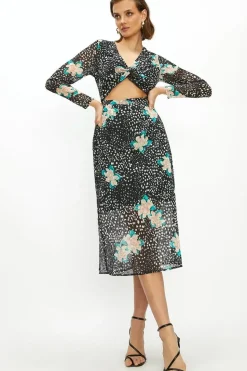 Clipped Printed Twist Cutout Column Dress