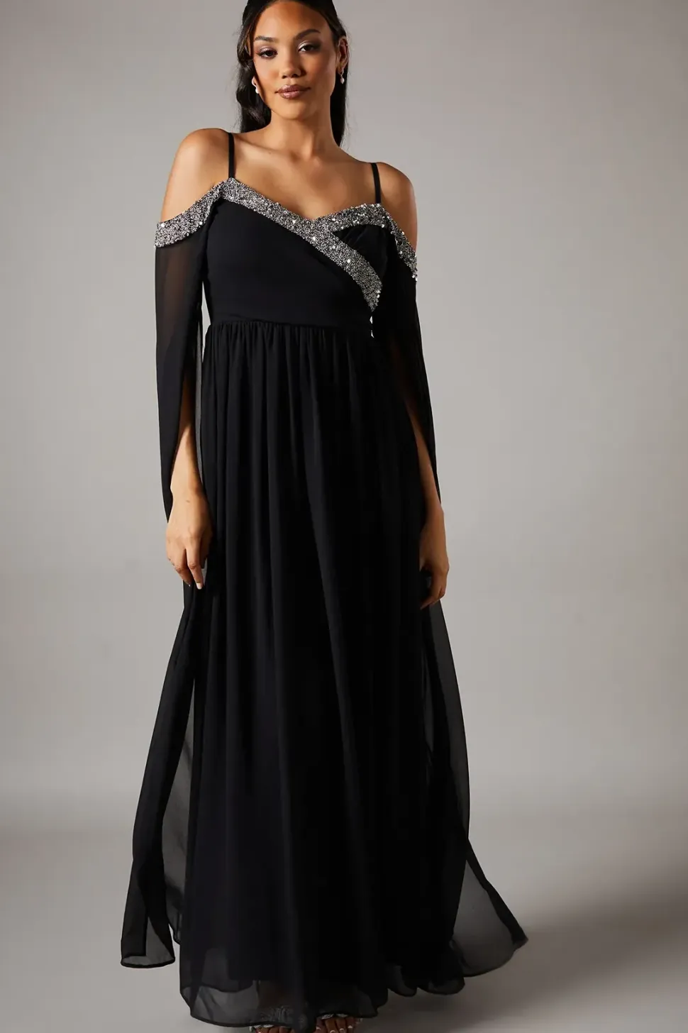 Cold Shoulder Chiffon Drape Sleeve Maxi DressWith Embellished Waistband