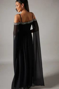 Cold Shoulder Chiffon Drape Sleeve Maxi DressWith Embellished Waistband
