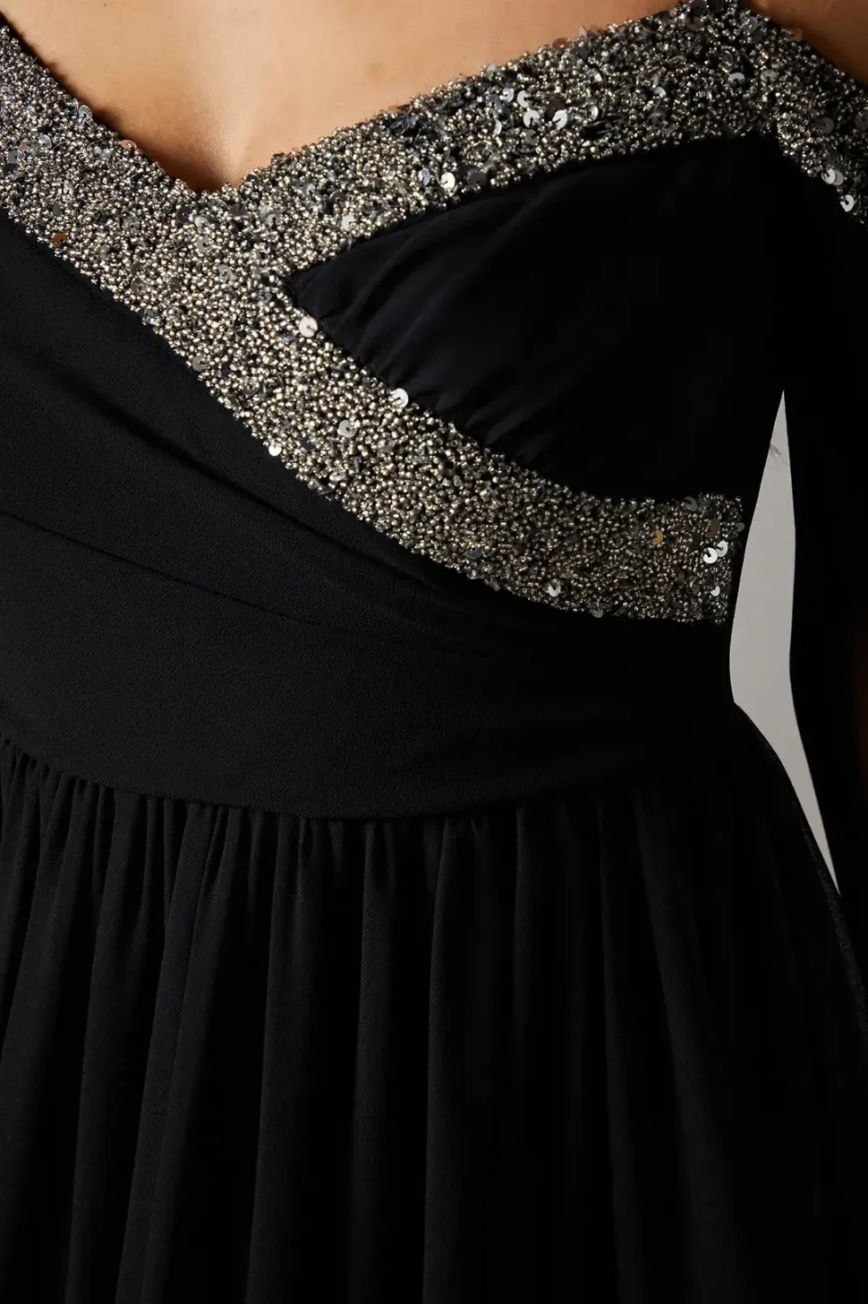 Cold Shoulder Chiffon Drape Sleeve Maxi DressWith Embellished Waistband