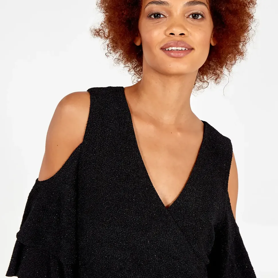 Cold Shoulder Ruffle Sparkle Midi Dress