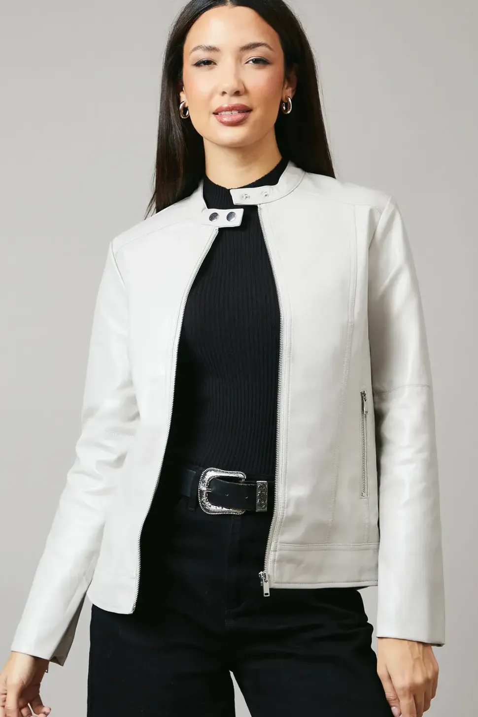 Collar Detail Faux Leather Jacket