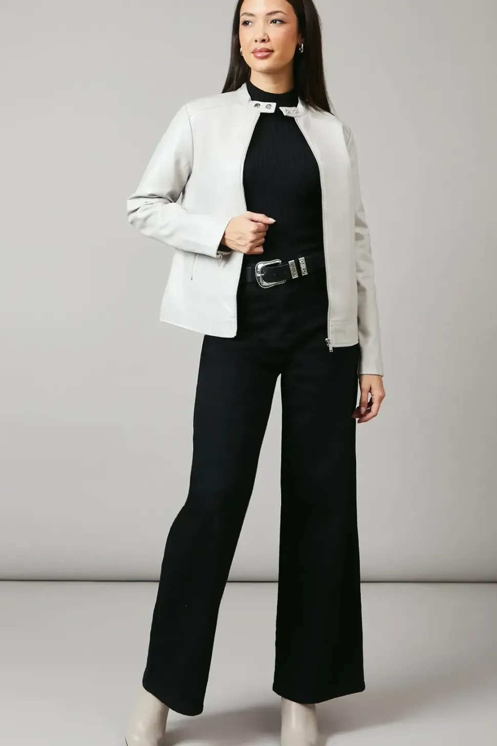 Collar Detail Faux Leather Jacket