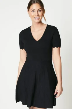 Collar Detail V Neck Pointelle Fit & Flare Dress