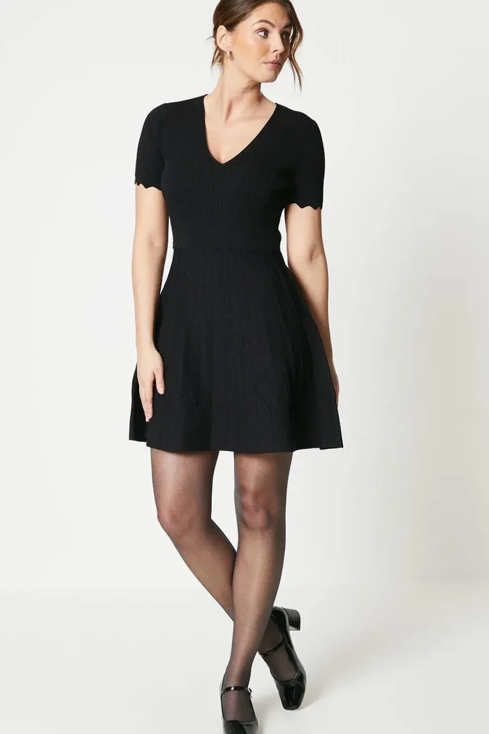 Collar Detail V Neck Pointelle Fit & Flare Dress