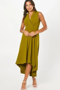 Collared Wrap Bodice Drape Crepe Midi Wedding Guest Dress