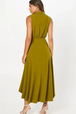 Collared Wrap Bodice Drape Crepe Midi Wedding Guest Dress
