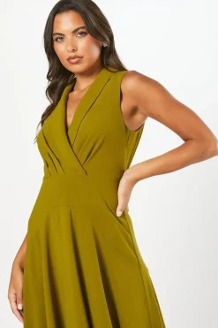 Collared Wrap Bodice Drape Crepe Midi Wedding Guest Dress
