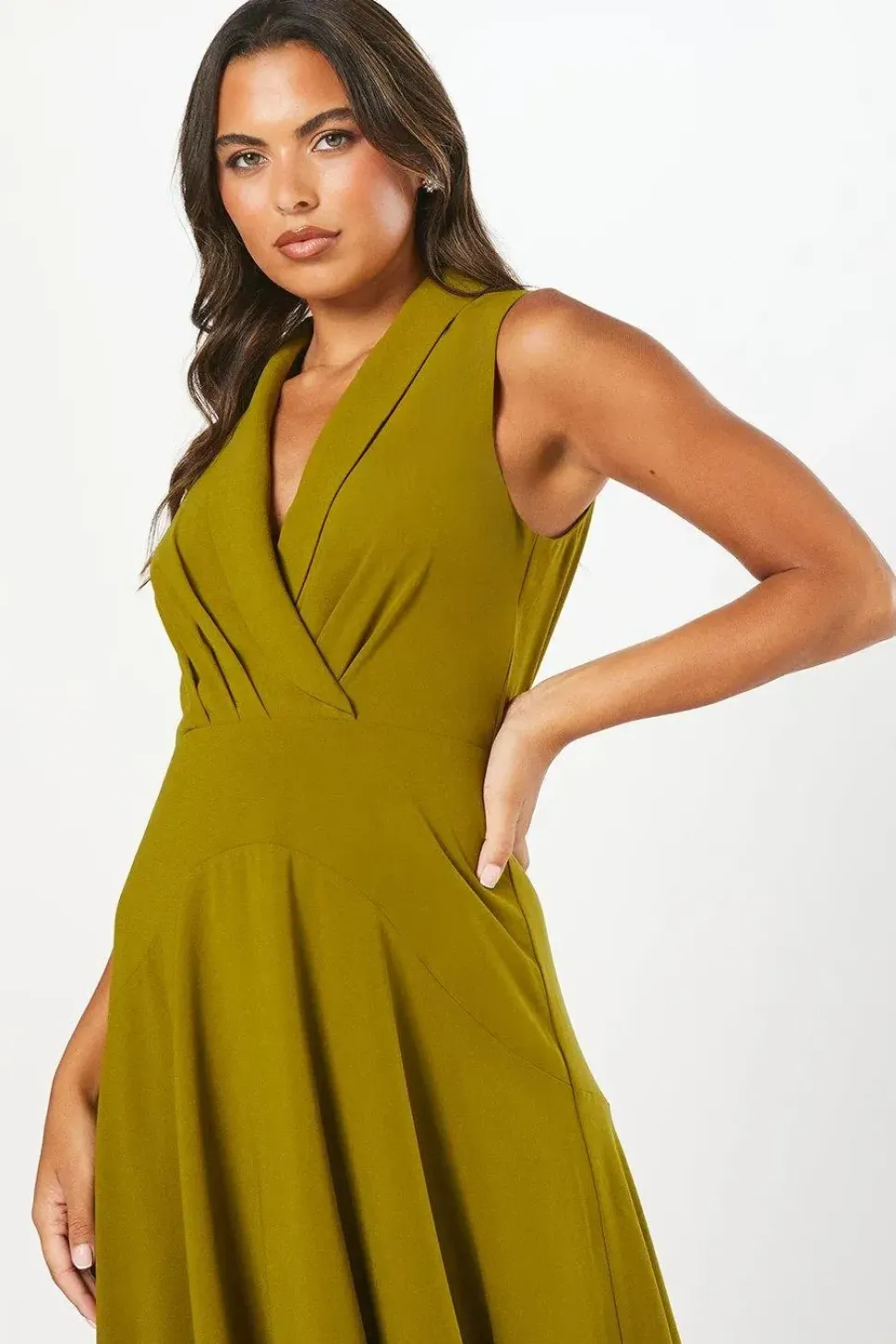 Collared Wrap Bodice Drape Crepe Midi Wedding Guest Dress