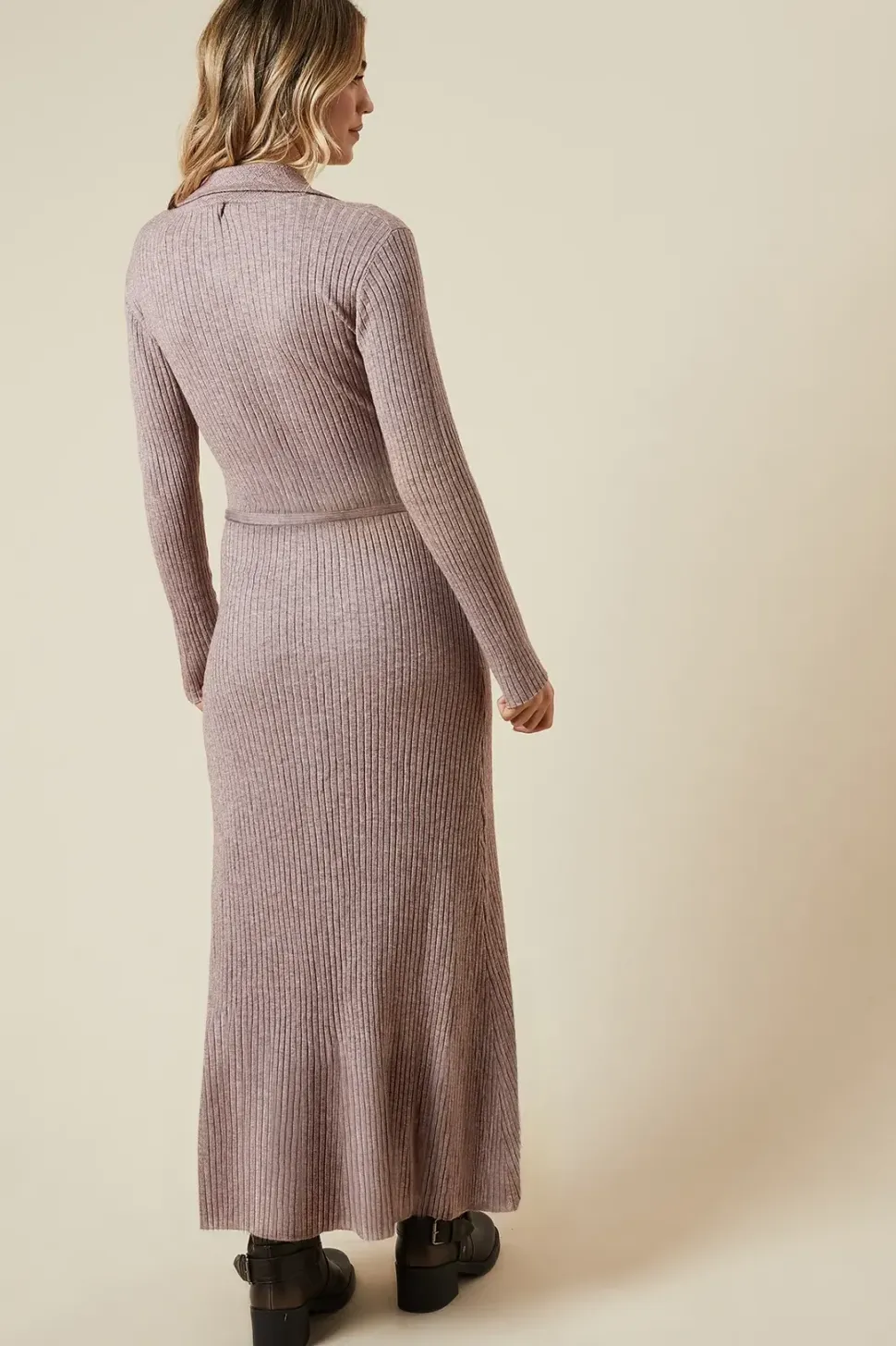Collared Wrap Detail Knitted Midi Dress
